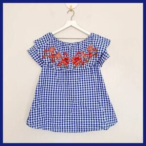 Umgee Blue Gingham Floral Embroidered Off the Shoulder Dress Small